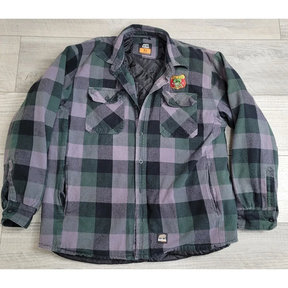 Berne Flannel Shirt Jacket Mens XL Tall Green Plaid Quilted Lining Insulated